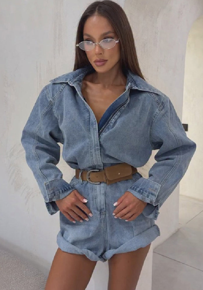 Belted Washed Denim Turndown-Collar Long-Sleeve Romper for Casual Streetwear