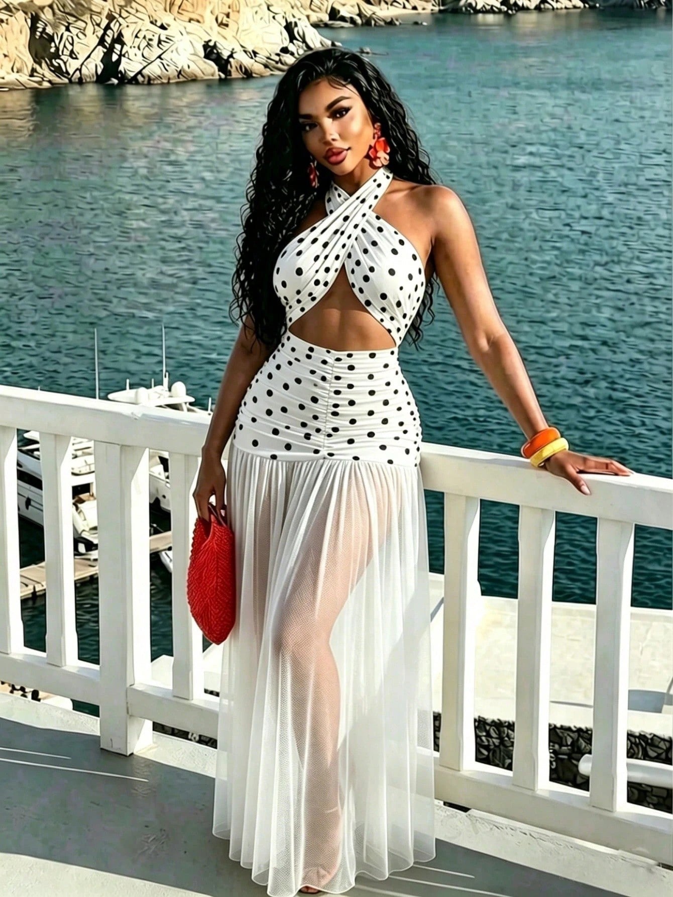 Polka Dot Mesh See-Through Halter Neck Maxi Dress for Beach Holidays