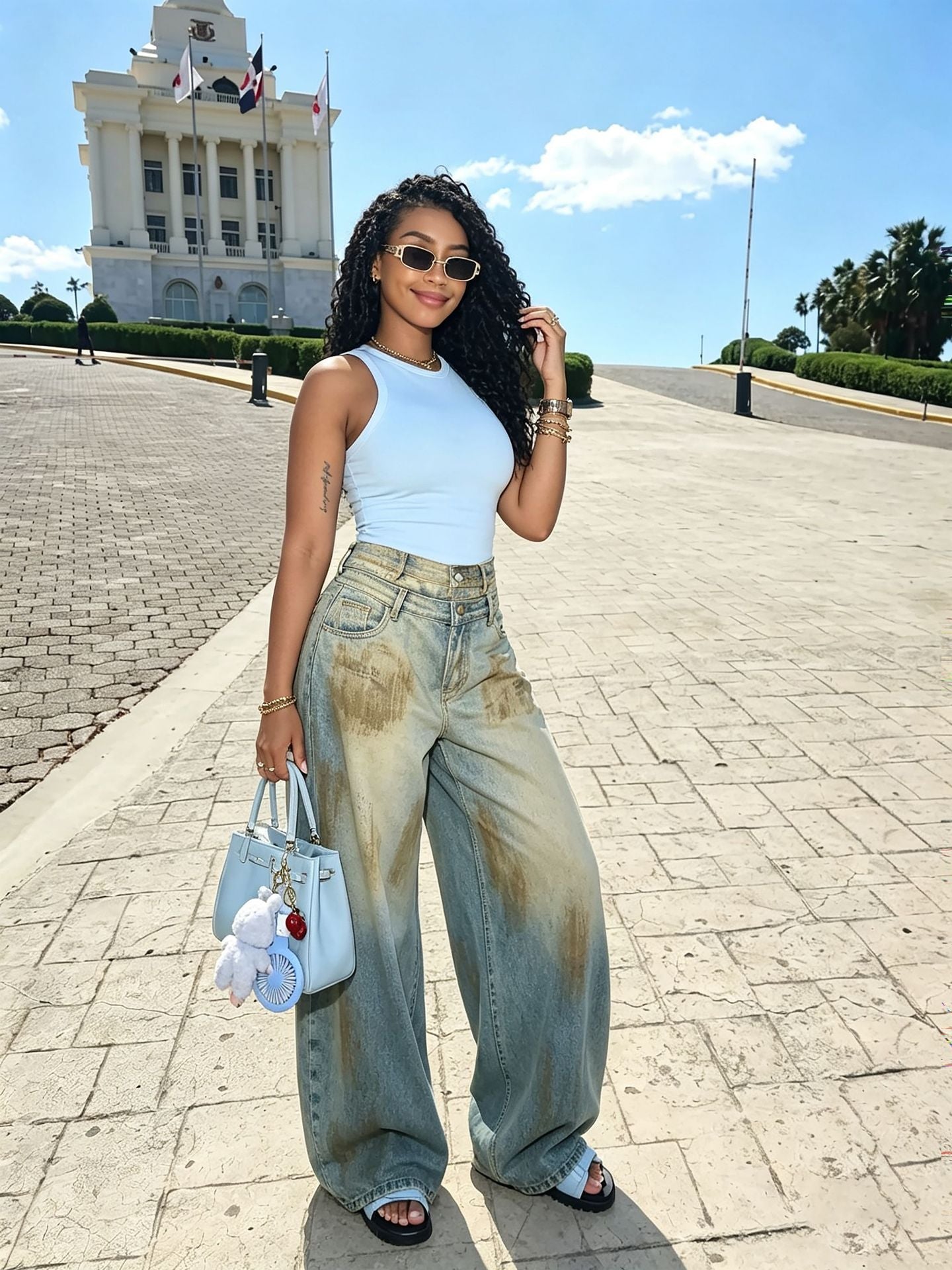 Double Waistband Washed Denim Pants for Streetwear