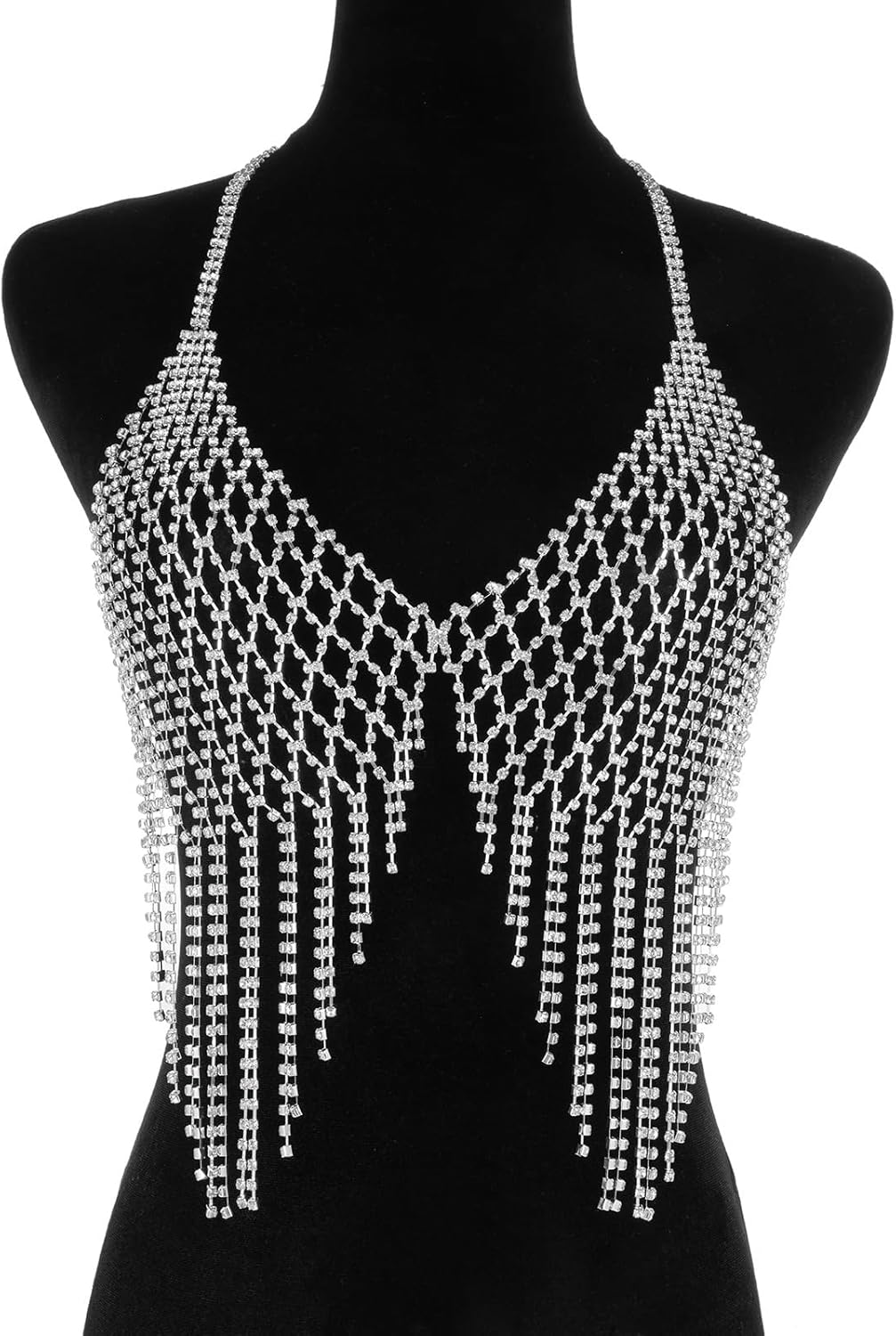 Aethers & Co A18 Rhinestone Chest Chain Bra Body Jewelry for Women Silver Bikini Bra Body Chains