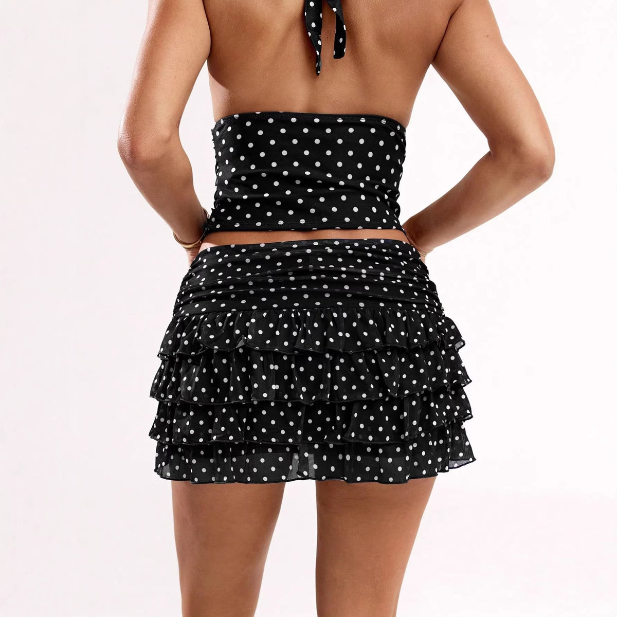 Polka Dot Halter Neck Top & Ruffle Edge Mini Skirt Set for Party Wear