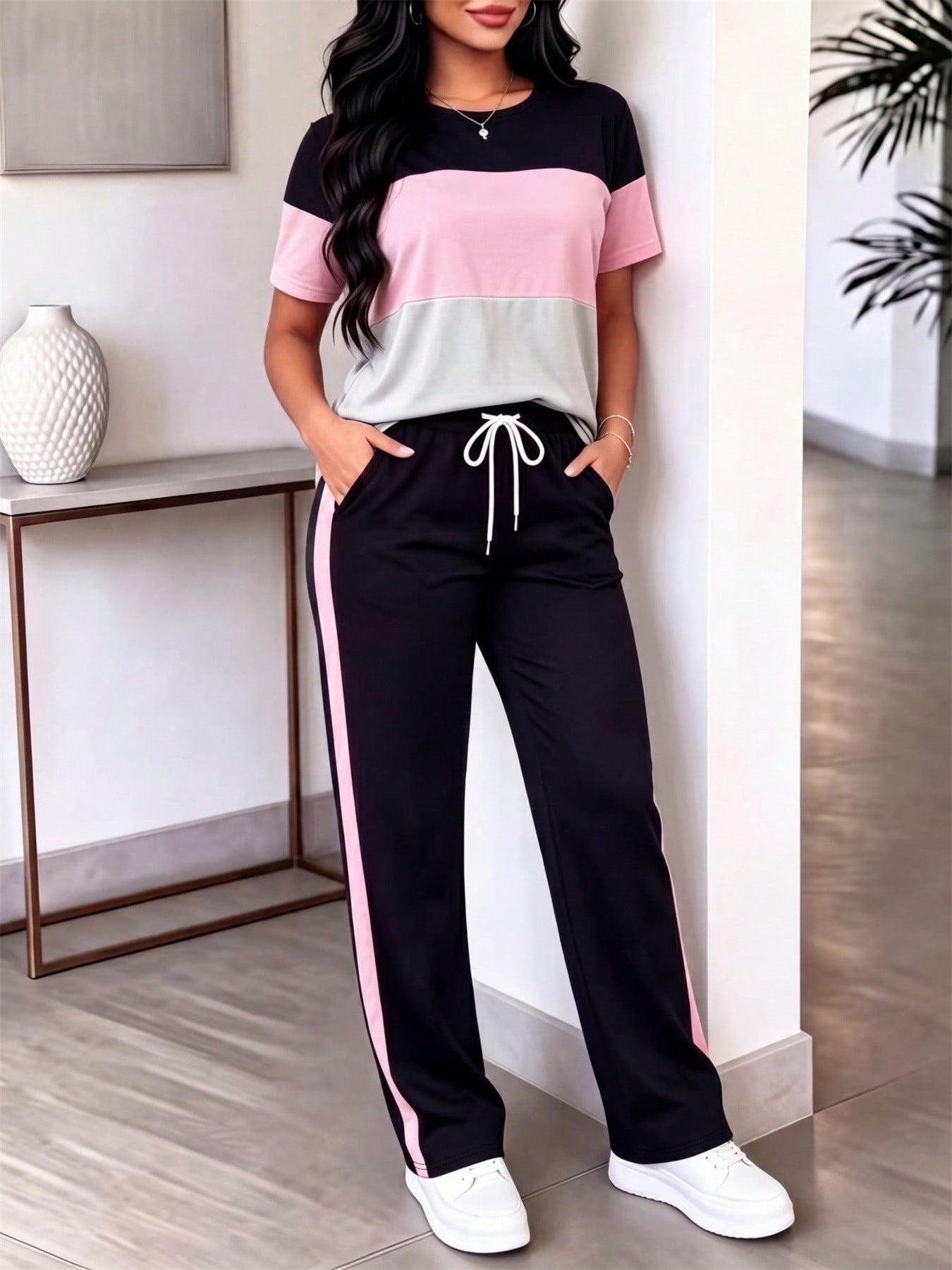 Striped T-Shirt & Drawstring Pants Two-Piece Set for Spring/Summer Casual
