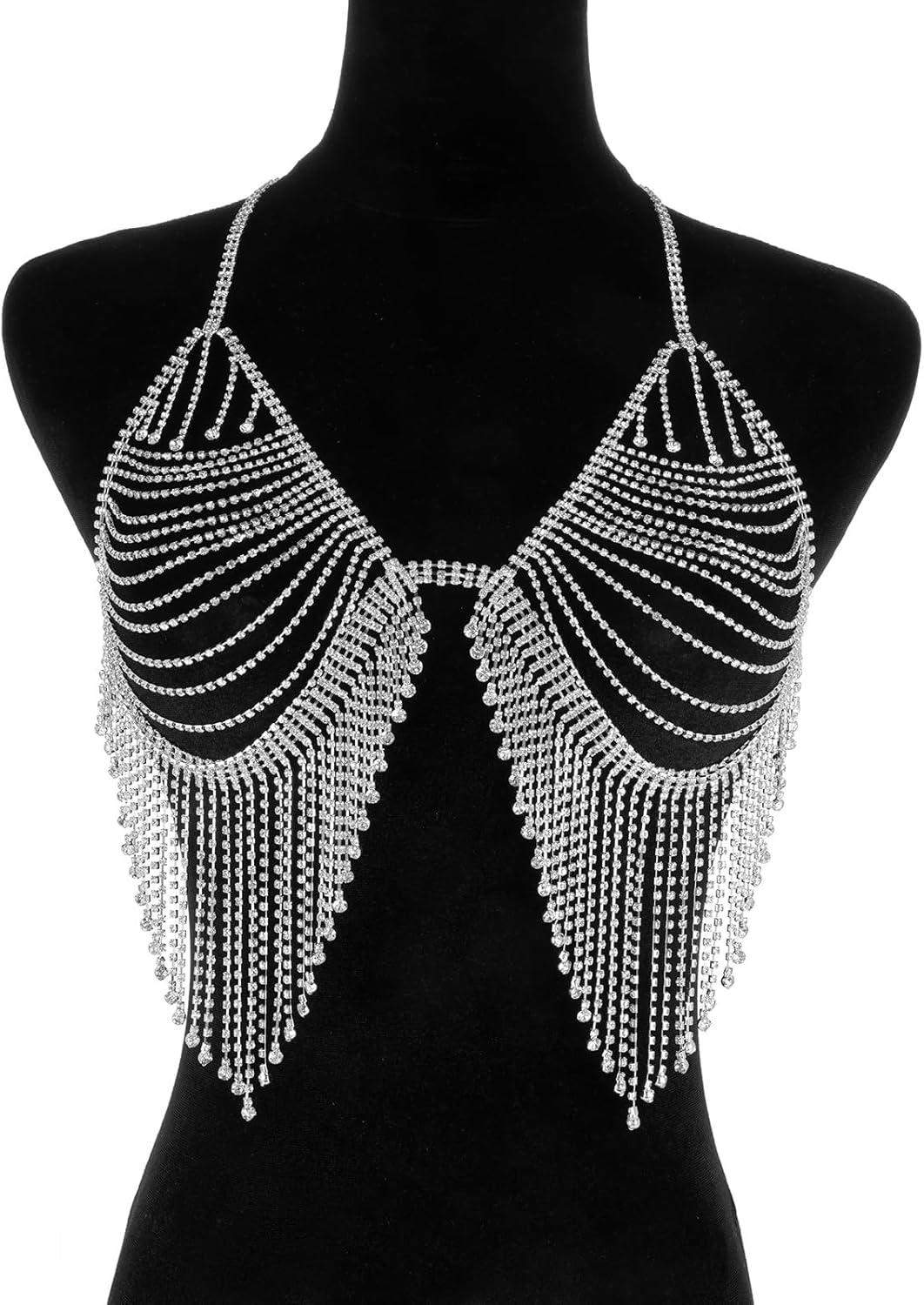Aethers & Co A18 Rhinestone Chest Chain Bra Body Jewelry for Women Silver Bikini Bra Body Chains
