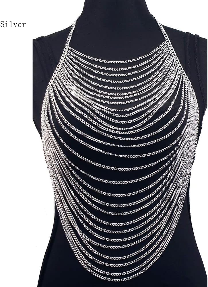 Aethers & Co A4 Full Body Chain Jewelry for Women Sexy Costume Multilay Silver Metal Chain Harness