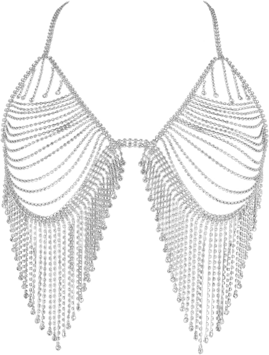 Aethers & Co A18 Rhinestone Chest Chain Bra Body Jewelry for Women Silver Bikini Bra Body Chains