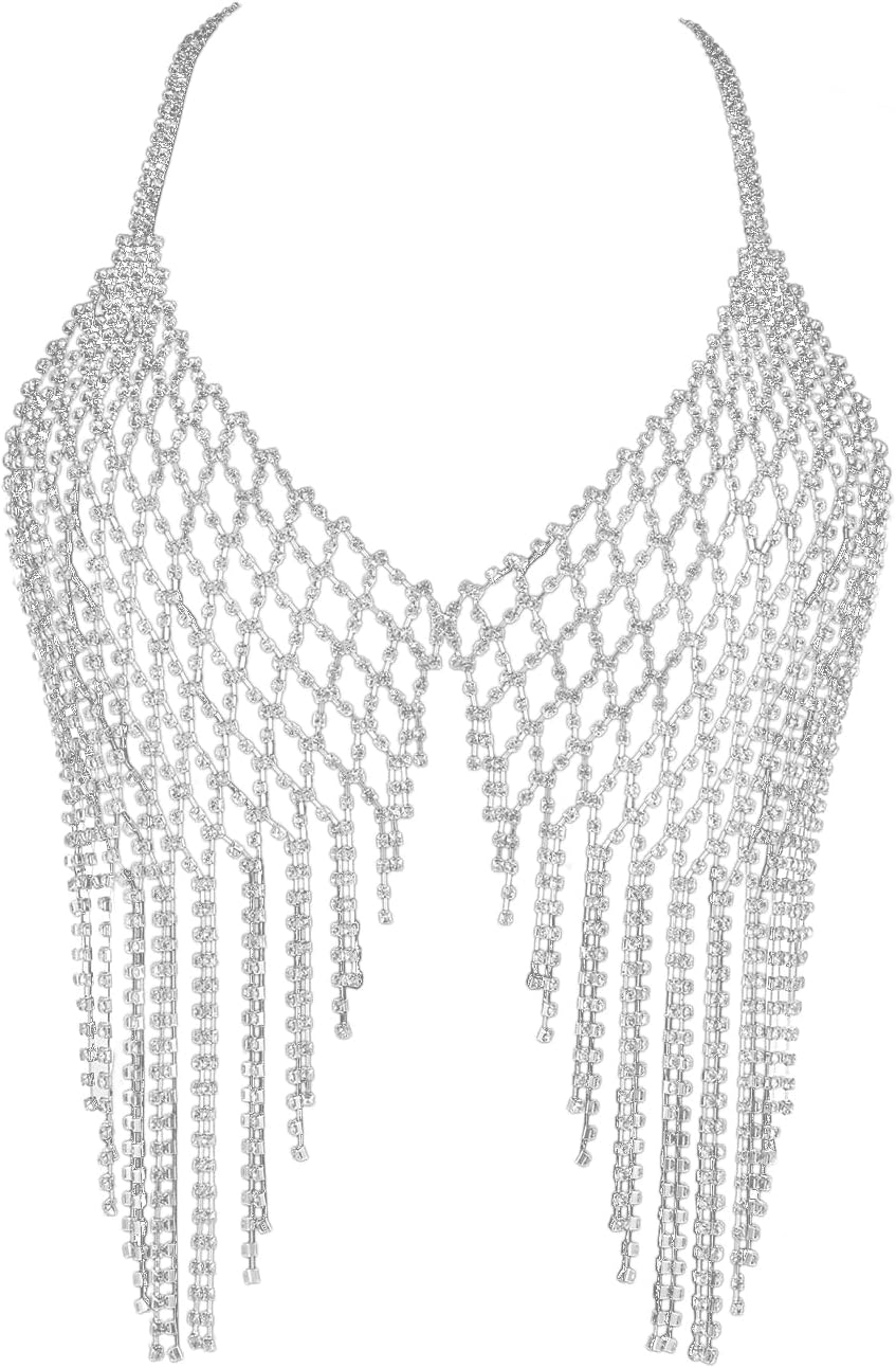 Aethers & Co A18 Rhinestone Chest Chain Bra Body Jewelry for Women Silver Bikini Bra Body Chains