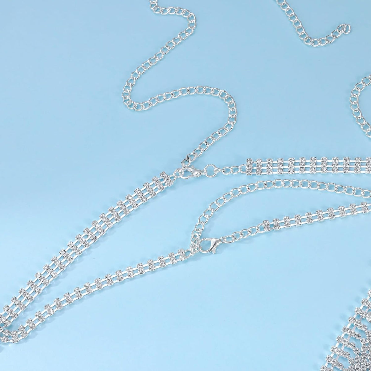 Aethers & Co A18 Rhinestone Chest Chain Bra Body Jewelry for Women Silver Bikini Bra Body Chains