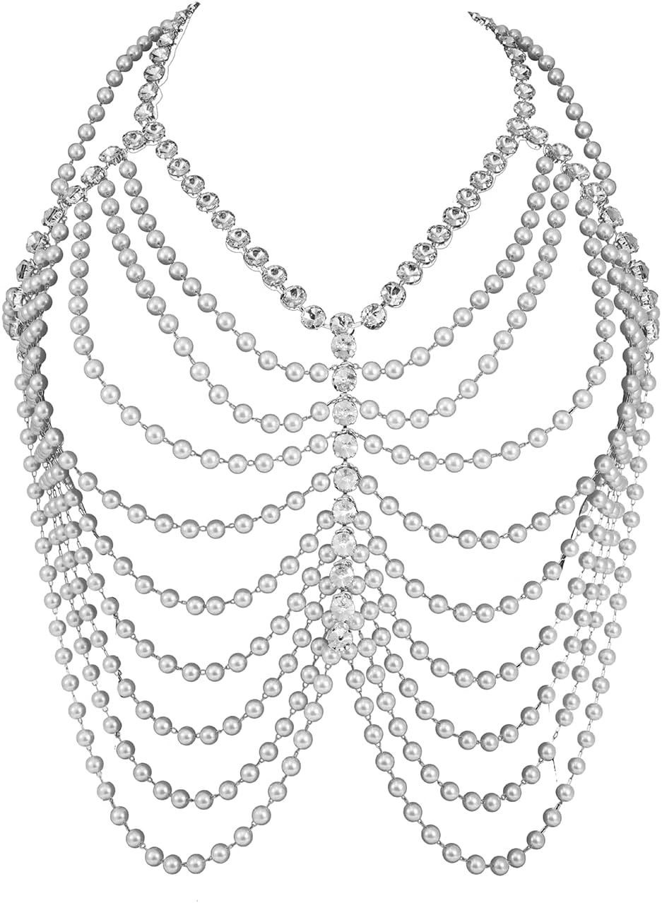Aethers & Co A18 Rhinestone Chest Chain Bra Body Jewelry for Women Silver Bikini Bra Body Chains
