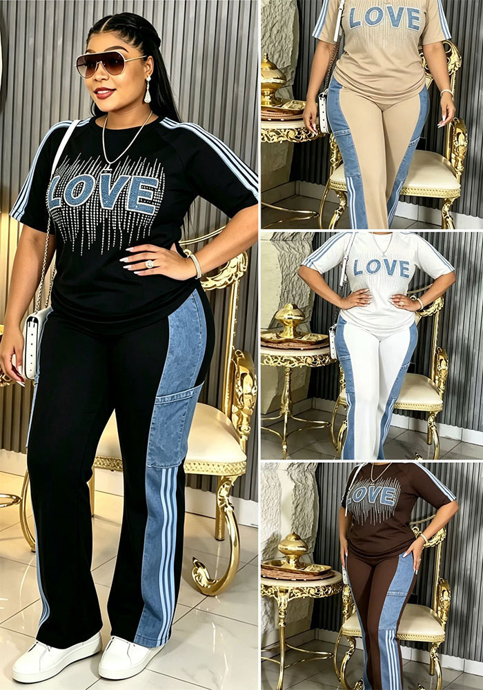 Plus Size Beaded Short Sleeve Color Block Striped Patchwork Denim Pants Set