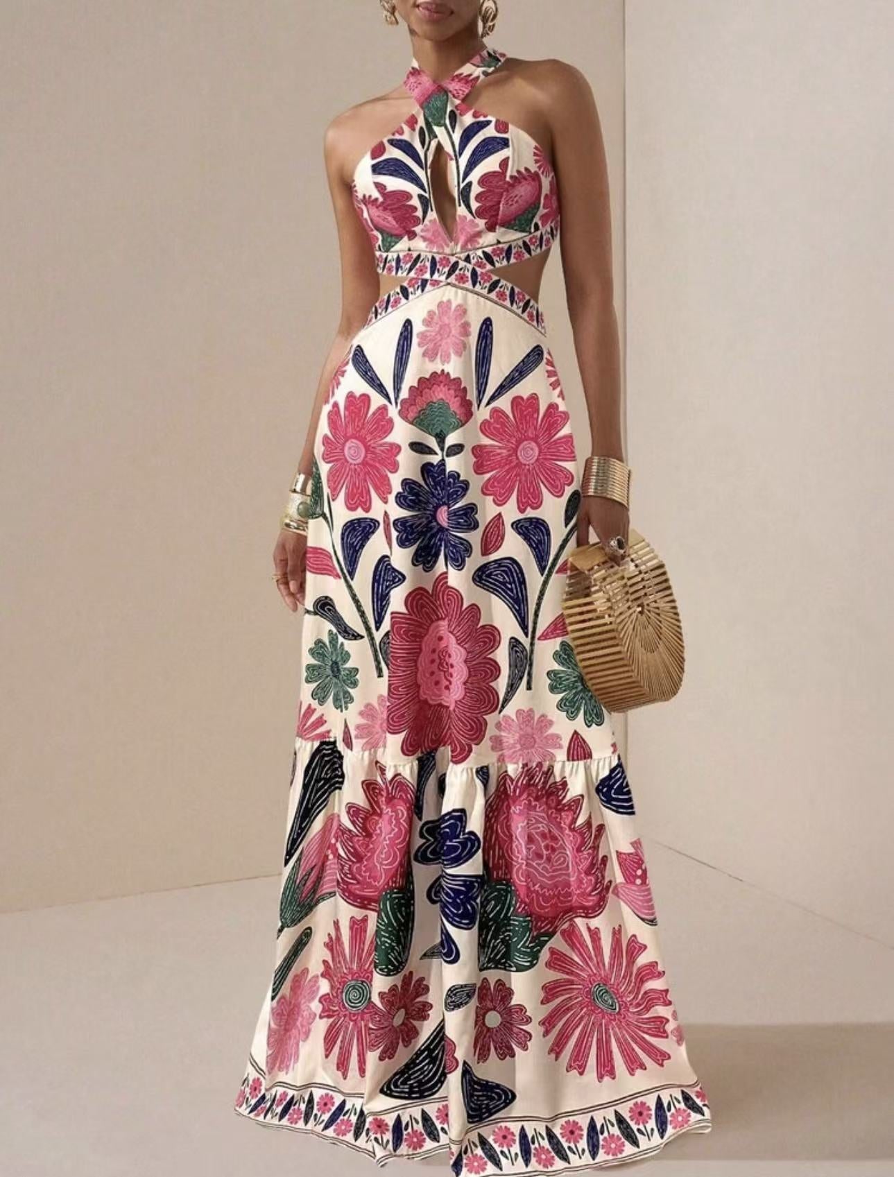 Printed Halter Bohemian Maxi Dress for Summer Vacations