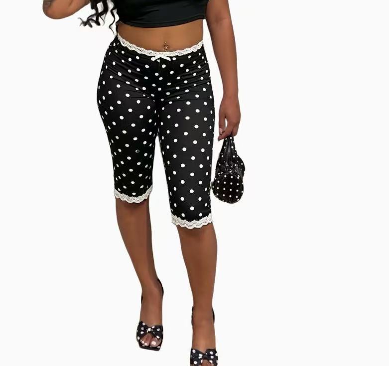 Polka Dot Print Lace Cropped Pants for Casual Wear