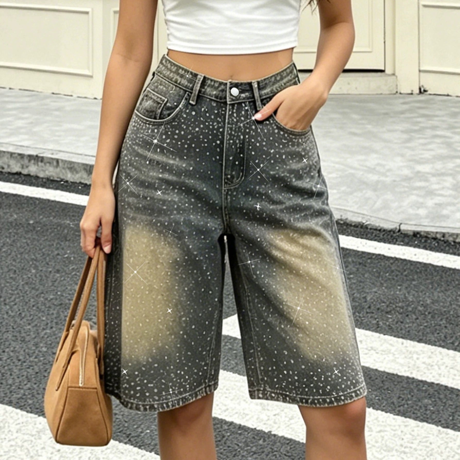 Beaded Wide-Leg Denim Knee-Length Shorts for Spring & Fall Streetwear