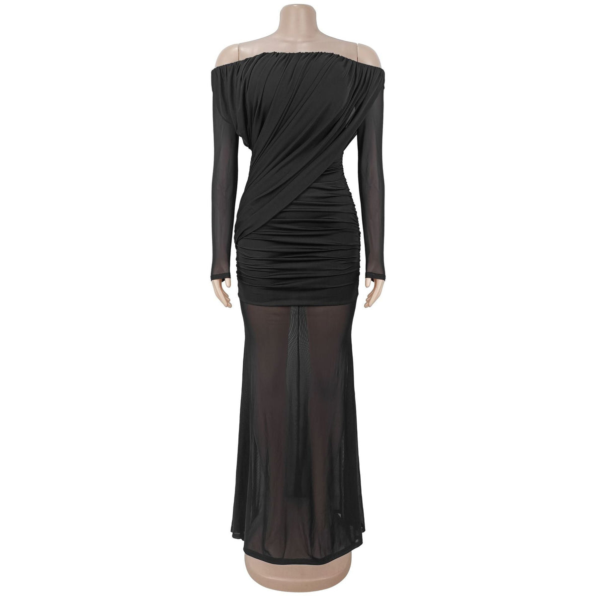 Mesh Off-Shoulder Ruched Long Sleeve Bodycon Dress for Formal Parties