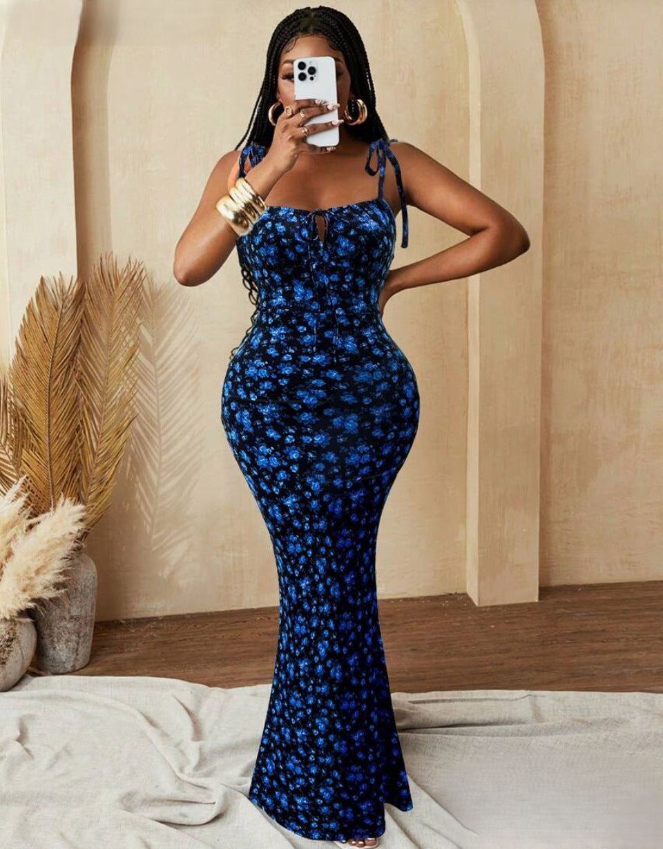 Floral Tie-Strap Cami Mermaid Maxi Dress for Summer Events