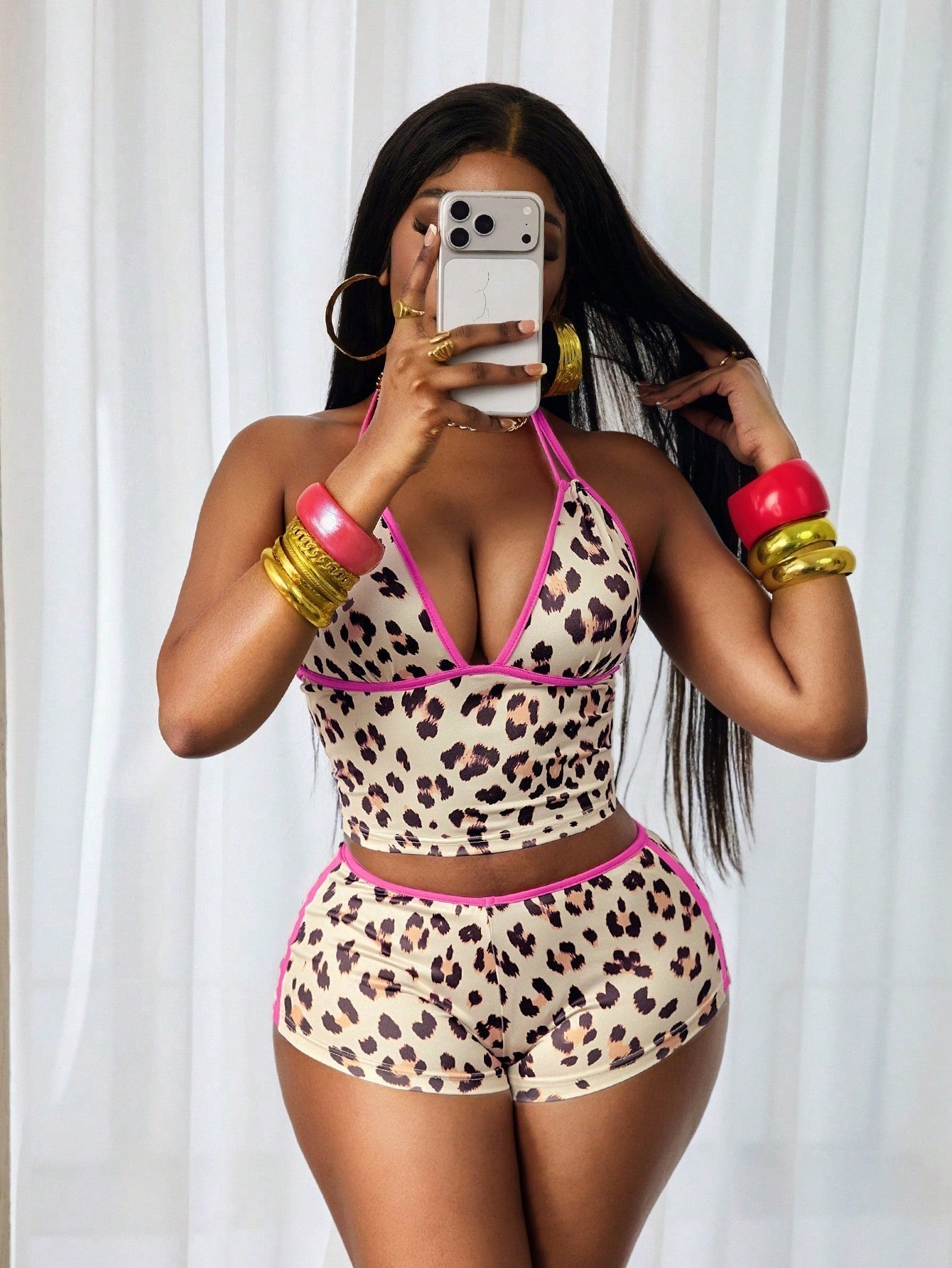 Leopard Print V-Neck Spaghetti Strap Top & Shorts Set for Casual Wear