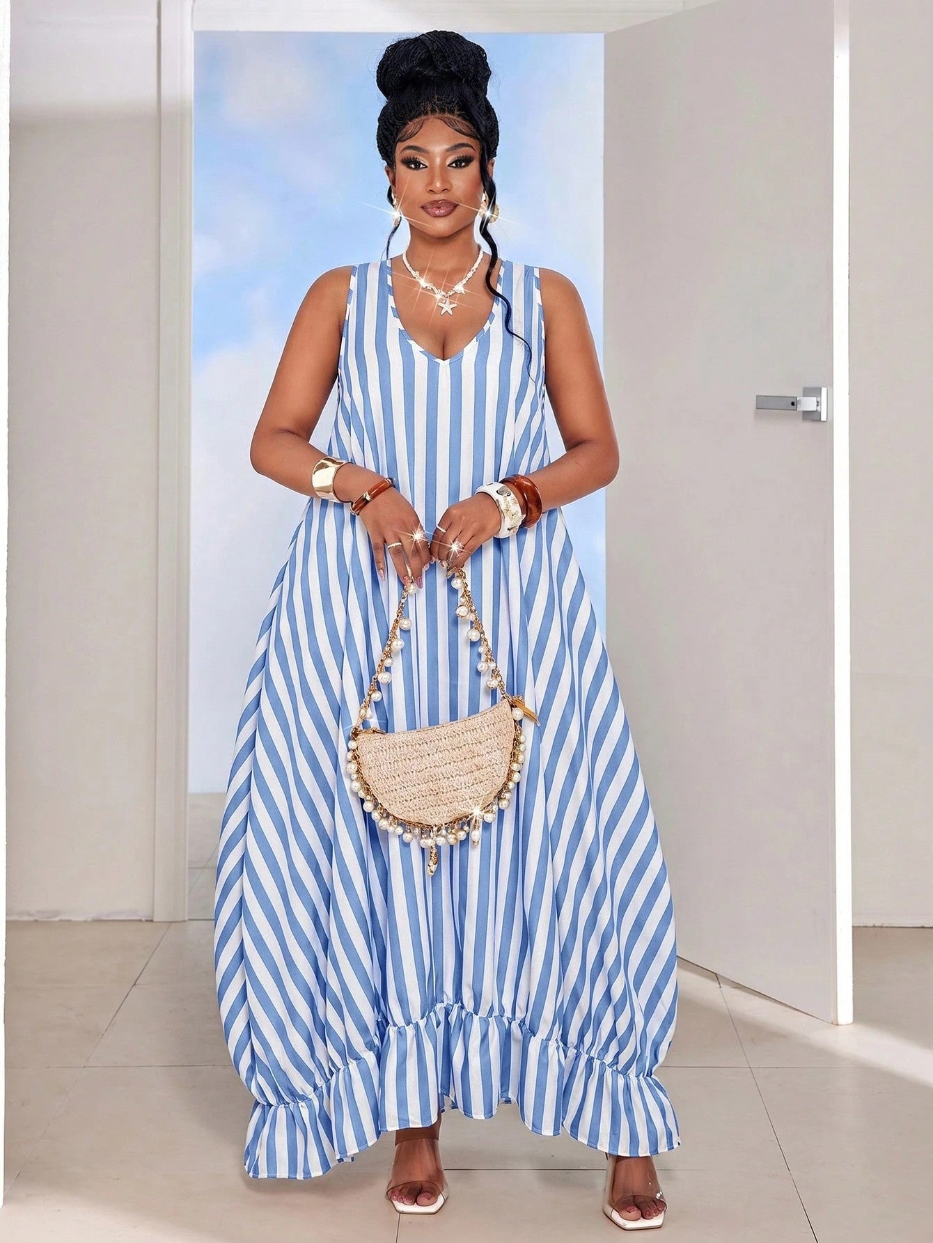 Striped Ruffle Edge Sleeveless Maxi Dress for Summer Beach Holidays