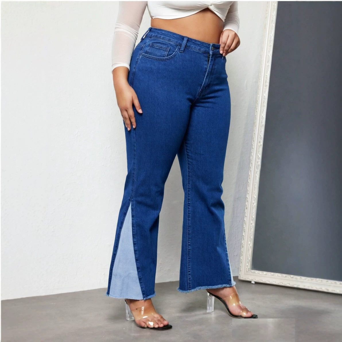 Patchwork Stretchy Bell Bottom Denim Pants for Casual Streetwear