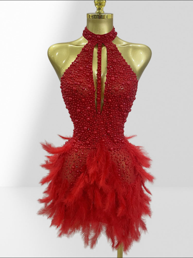 Beaded Feather Sleeveless Dress for Evening Parties