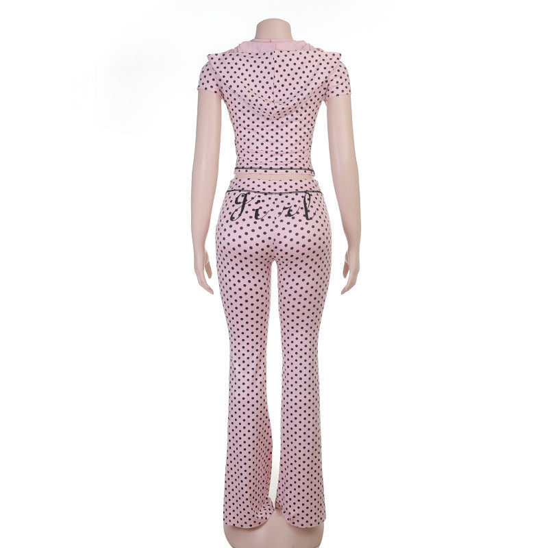 Polka Dot Short-Sleeve Zip-Up Pants Set for Summer Casual