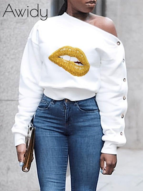 Lip One Shoulder Button Sleeve Top