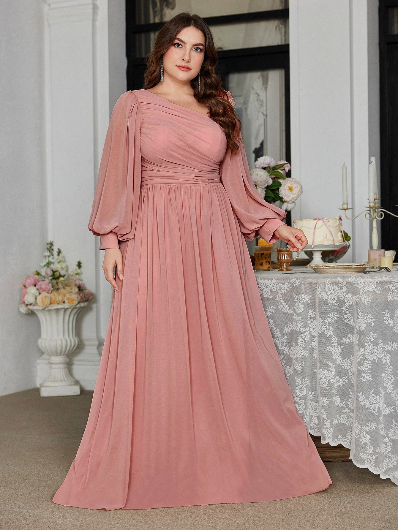 Plus Size Slash Shoulder Applique Lantern Sleeve Long Dress for Bridesmaids & Formal Events
