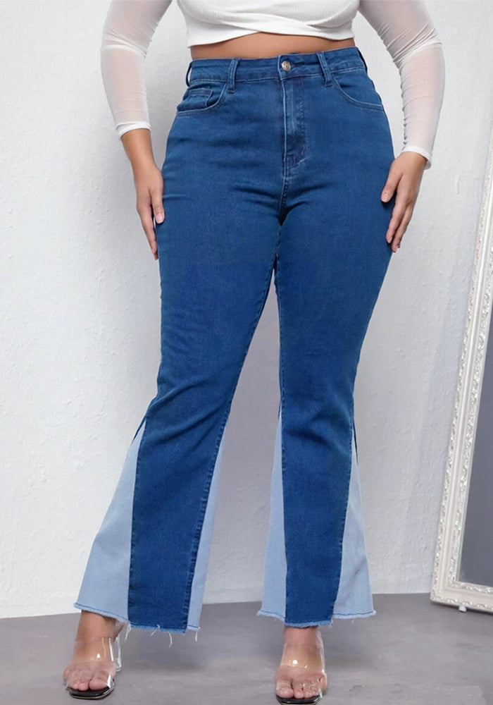 Patchwork Stretchy Bell Bottom Denim Pants for Casual Streetwear