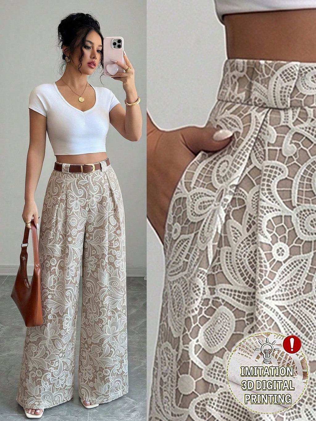 Pleated Lace Hollow-Out Wide-Leg Pants for Casual Wear