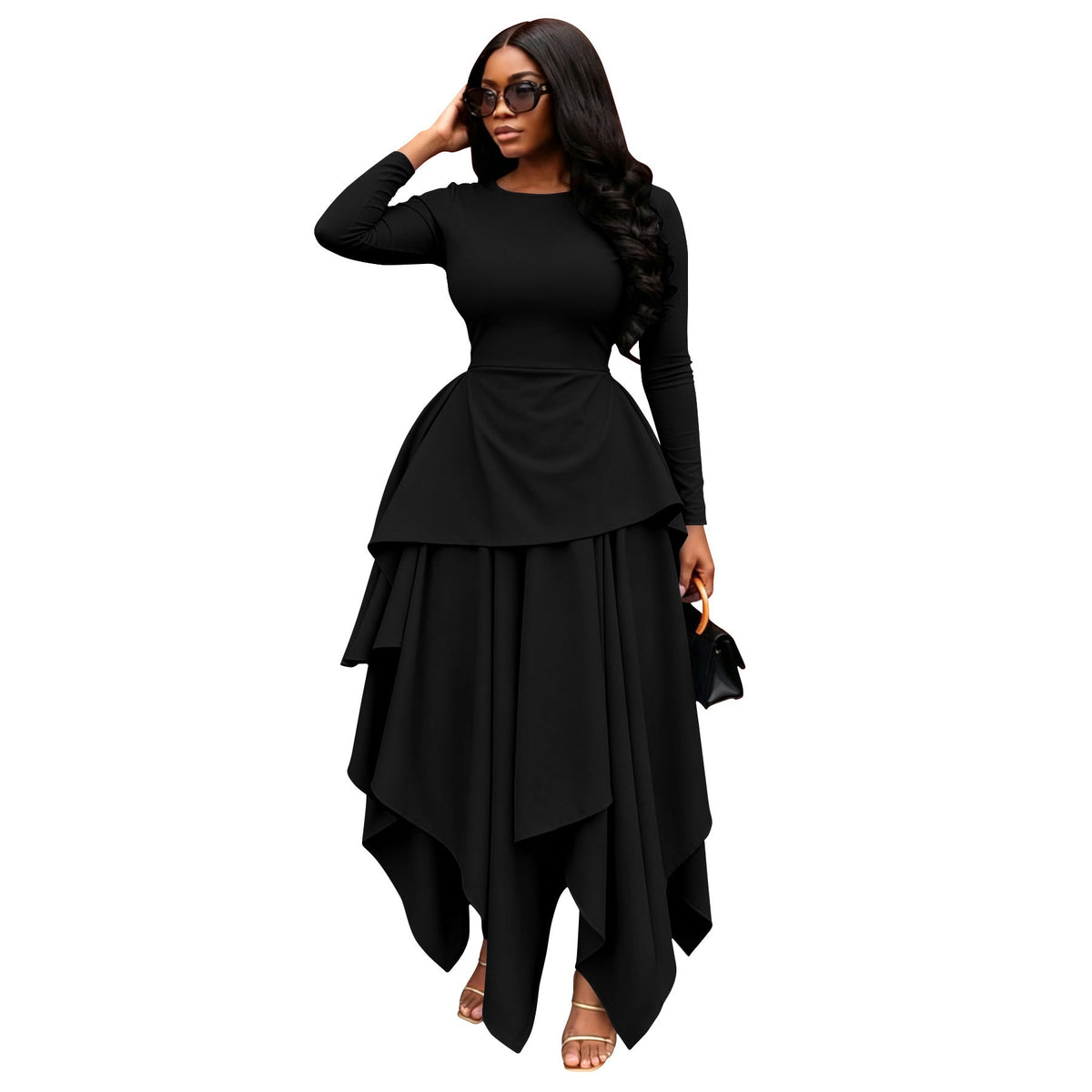 Round Neck Long Sleeve Ruffle Hem Irregular Flare Dress for Casual Wear