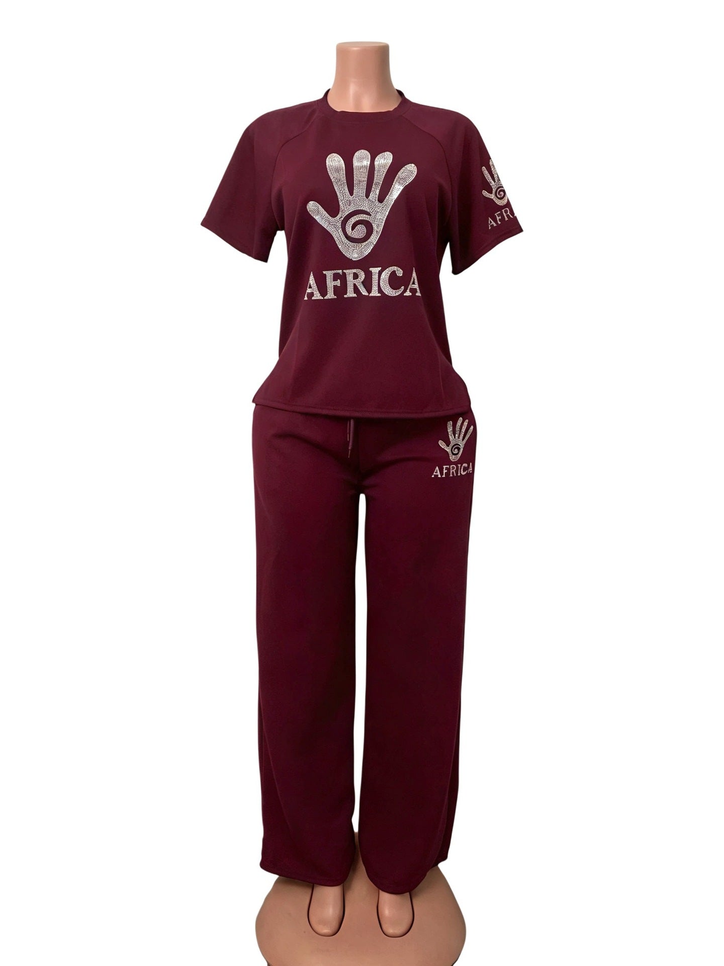 Plus Size African Palm Beaded Short Sleeve Top & Wide-Leg Pants Set