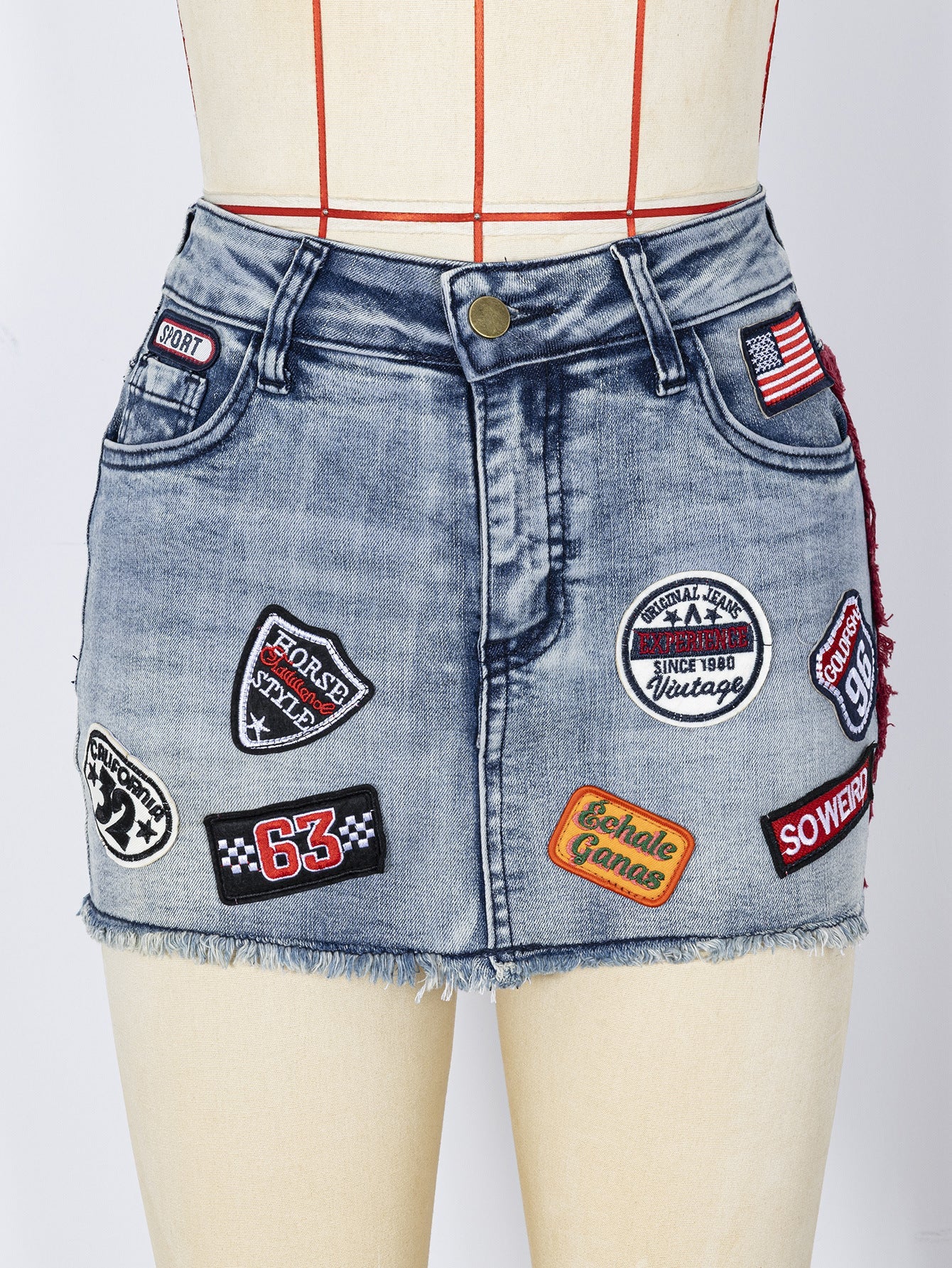 Embroidered Letter Patchwork Denim Skirt for Summer Casual