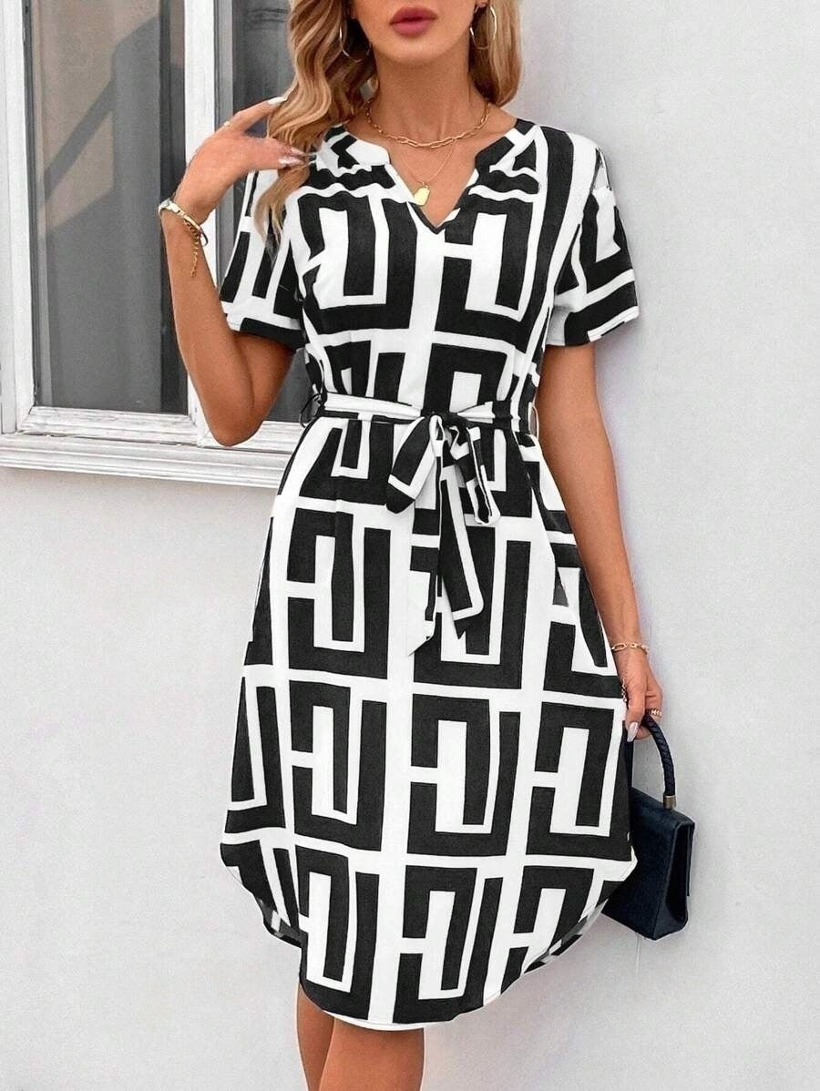 Striped V-Neck Short Sleeve Dress for Summer Casual