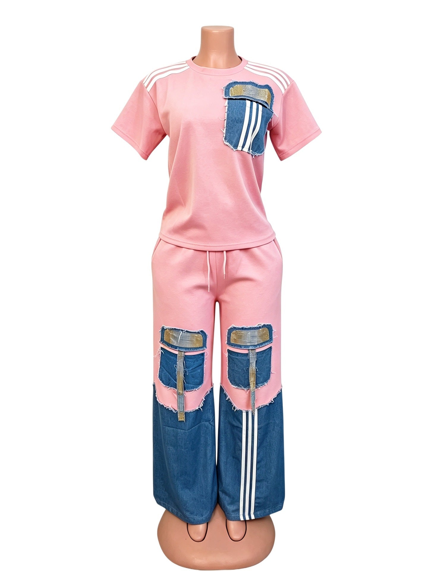 Denim Patchwork Beaded Short-Sleeve Top & Wide-Leg Pants Set for Summer