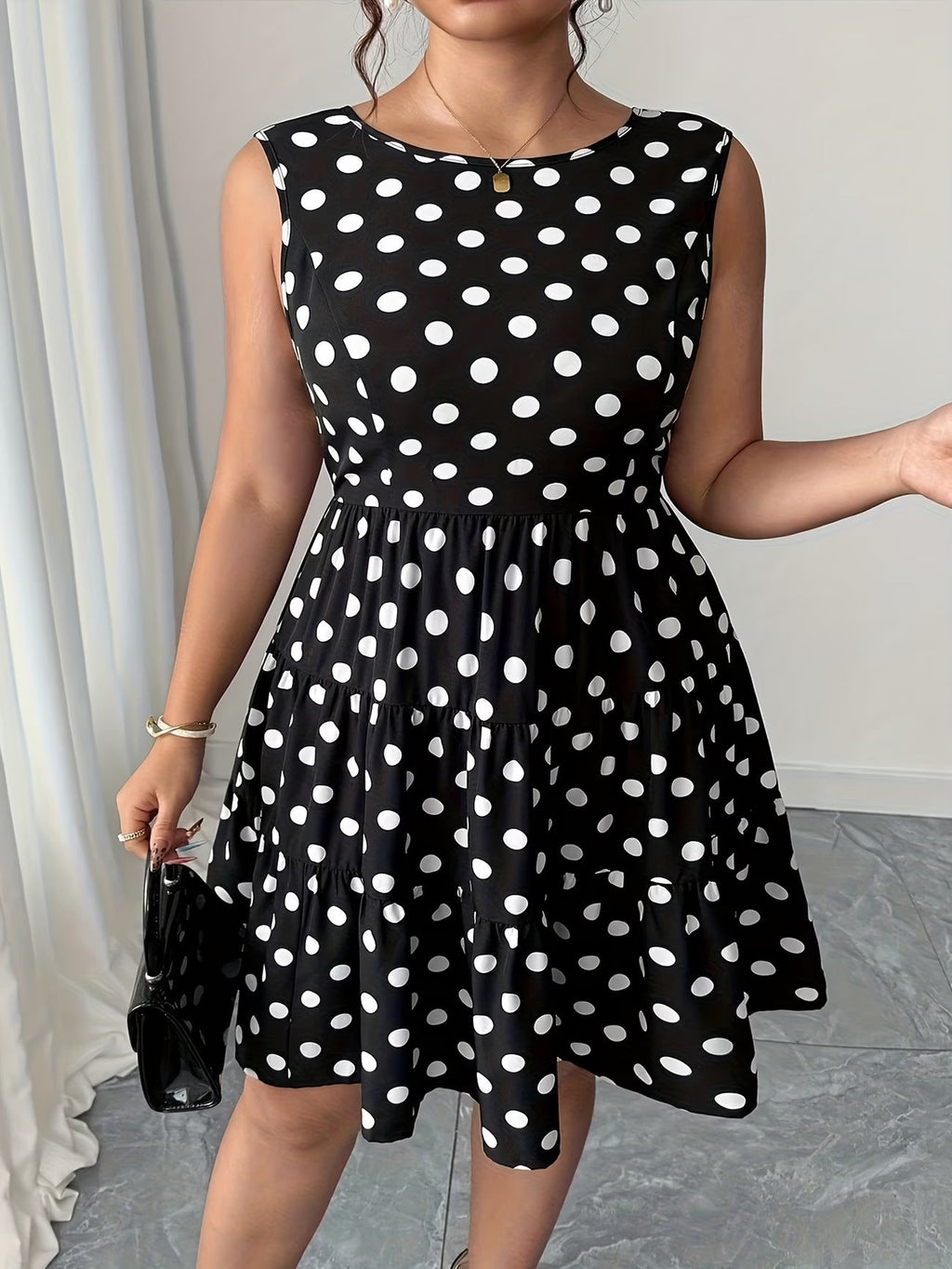 Plus Size Women Summer Polka Dot Retro Slim Waist A-line Dress