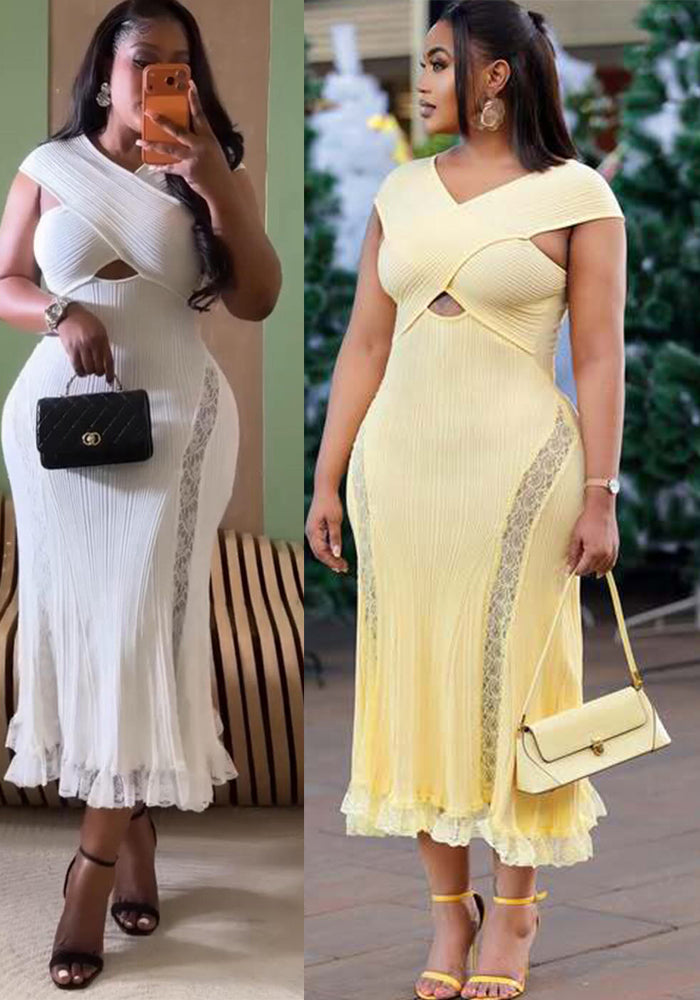 Knitted Lace Patchwork Off-Shoulder Sleeveless Maxi Dress for Summer