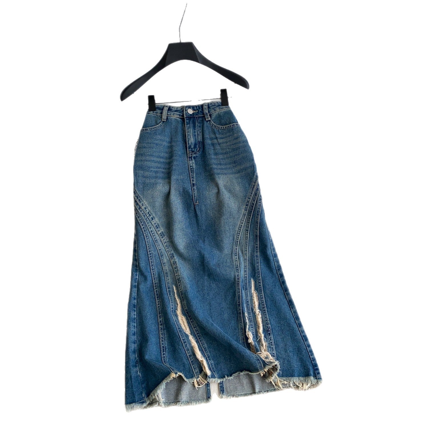 Raw-Edge Ripped Mermaid Denim Skirt for Summer Streetwear