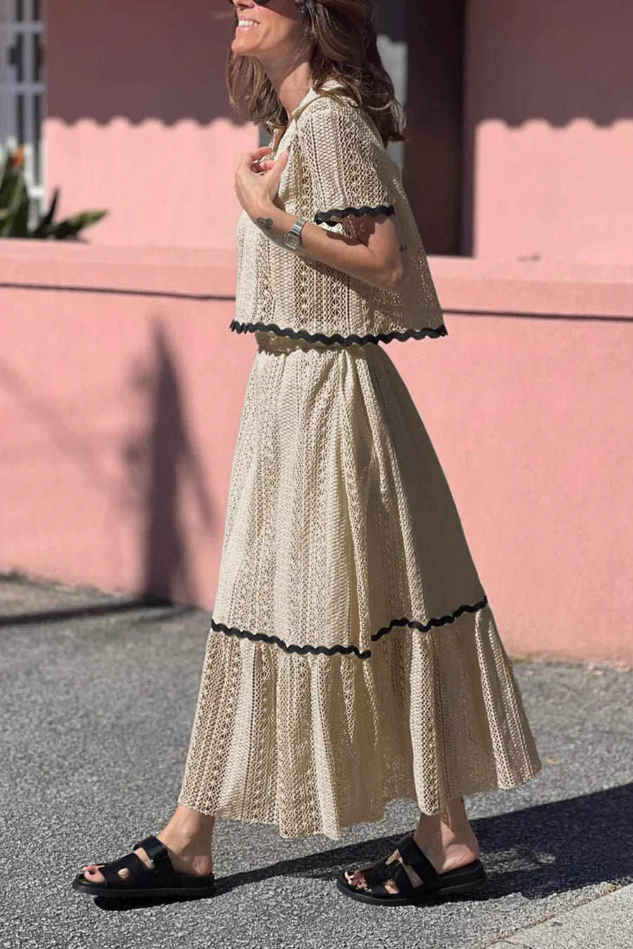 Lapel Lacework Hollow Out Shirt Skirt Set