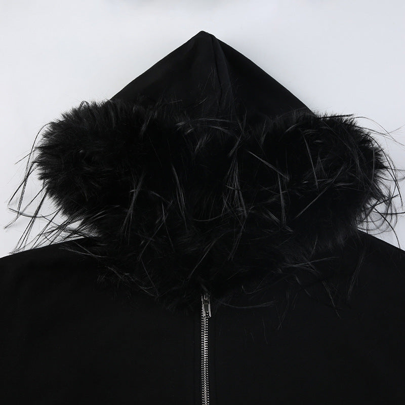 Zipper Split Print Plush Hoodie Black