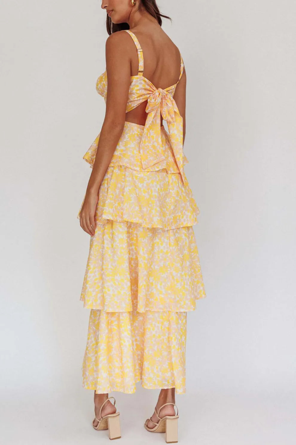 Floral Print Tie up Tiered Midi Dress