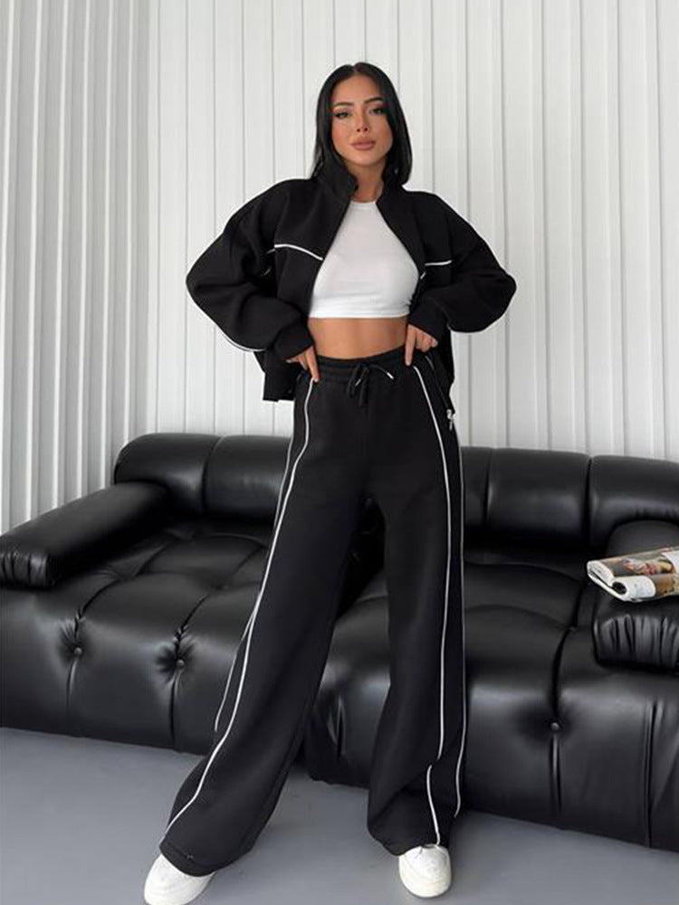 Fashion Turtleneck Cardigan Striped Sweatshirt Set