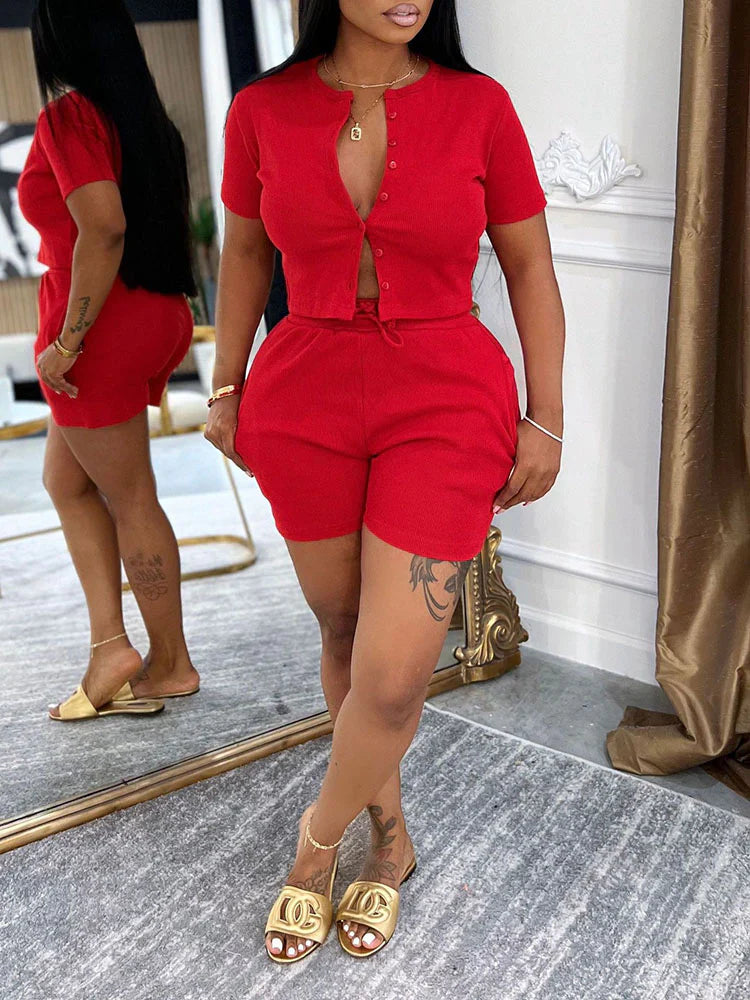 Ribbed Button Top & Drawstring Shorts Set