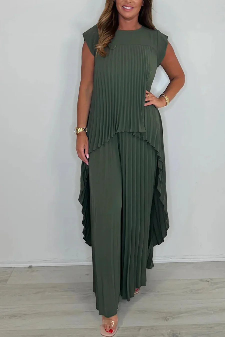 High-Low Pleated Tank Top Pants Sets