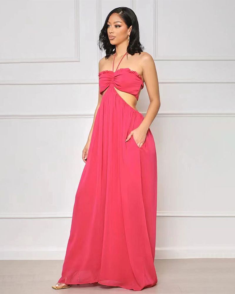 SMOCKED HALTER TOP WIDE LEG JUMPSUIT ROSERED