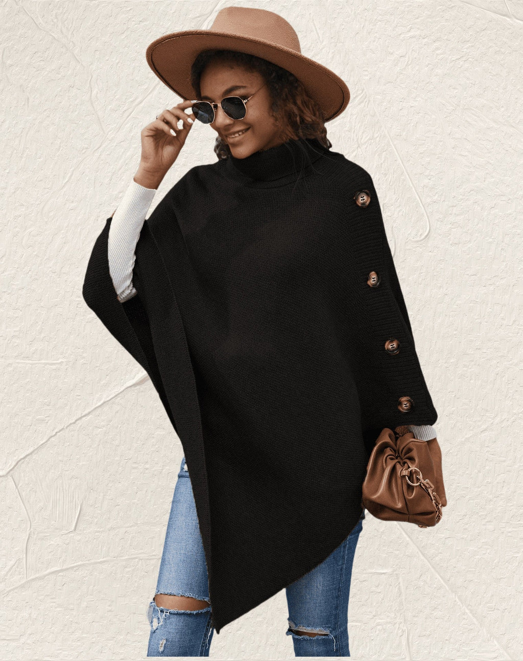 Solid-Color High-Neck Knit Sweater Cape Cardigan Shawl Jacket