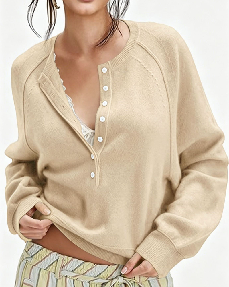 Effortless Button-Front Knit Pullover