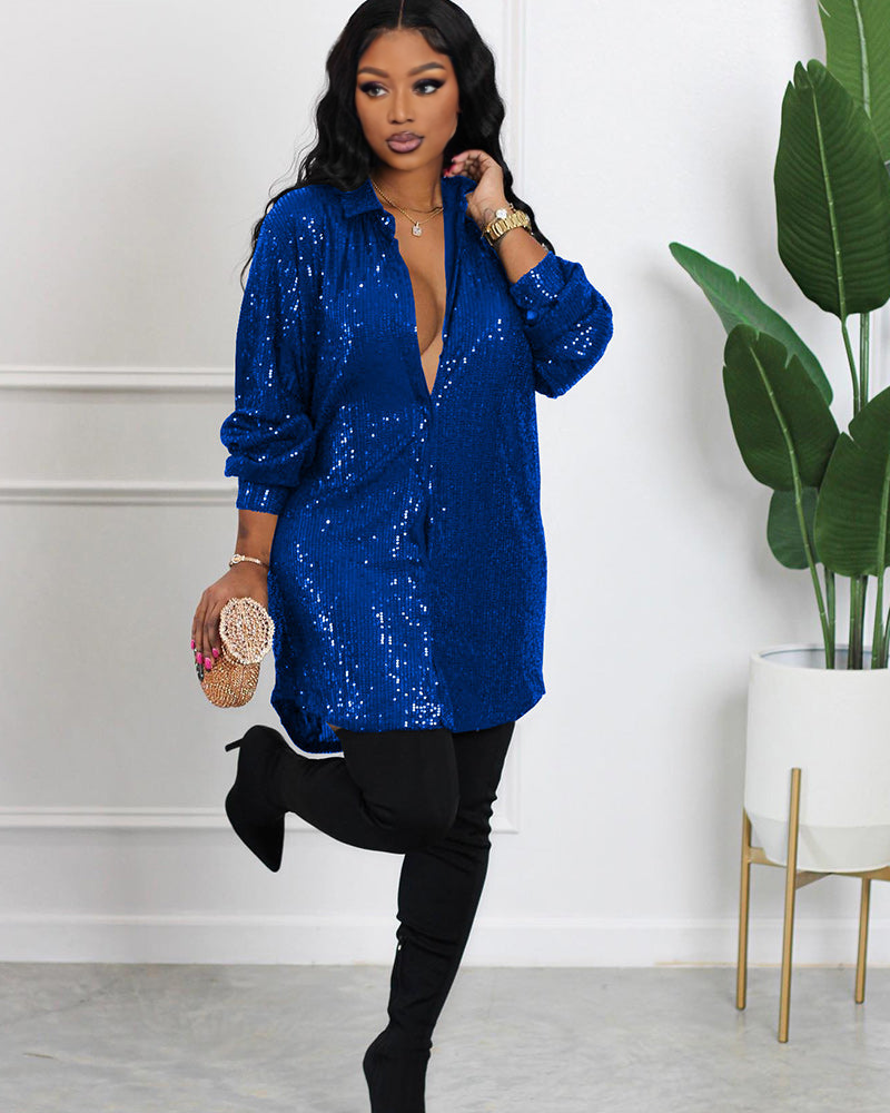 Night Queen Sequin Shirt Dress Blue