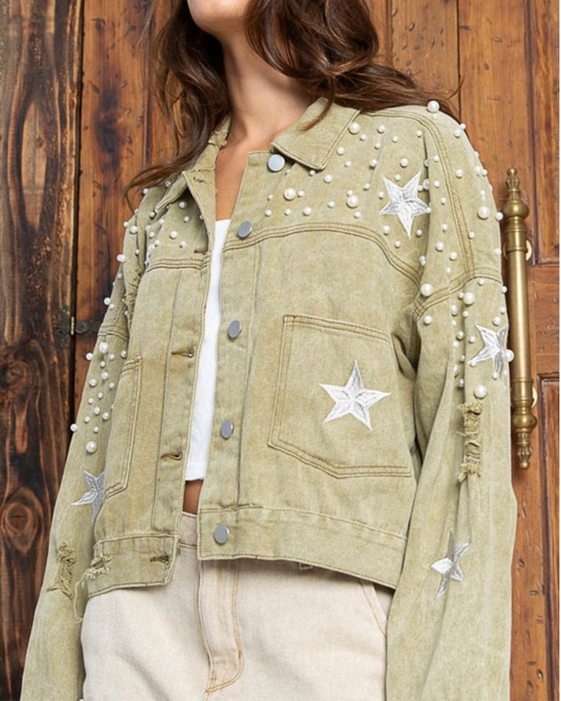 Pearly Star Denim Jacket Green Sage
