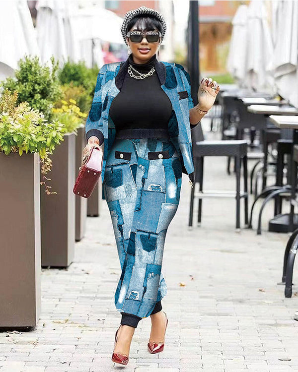 Celina Jacket & Pants Set Blue-Denim-Print