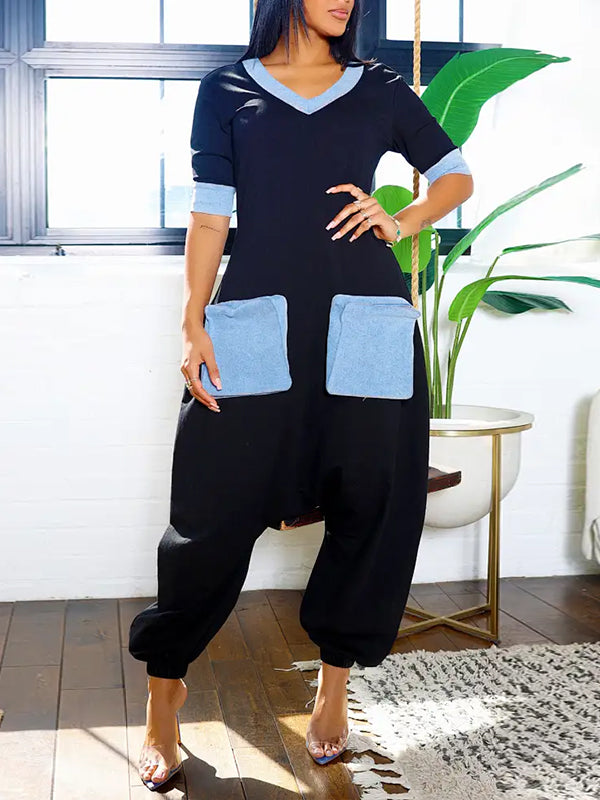 Indiebeautie Denim-Combo V-Neck Jumpsuit