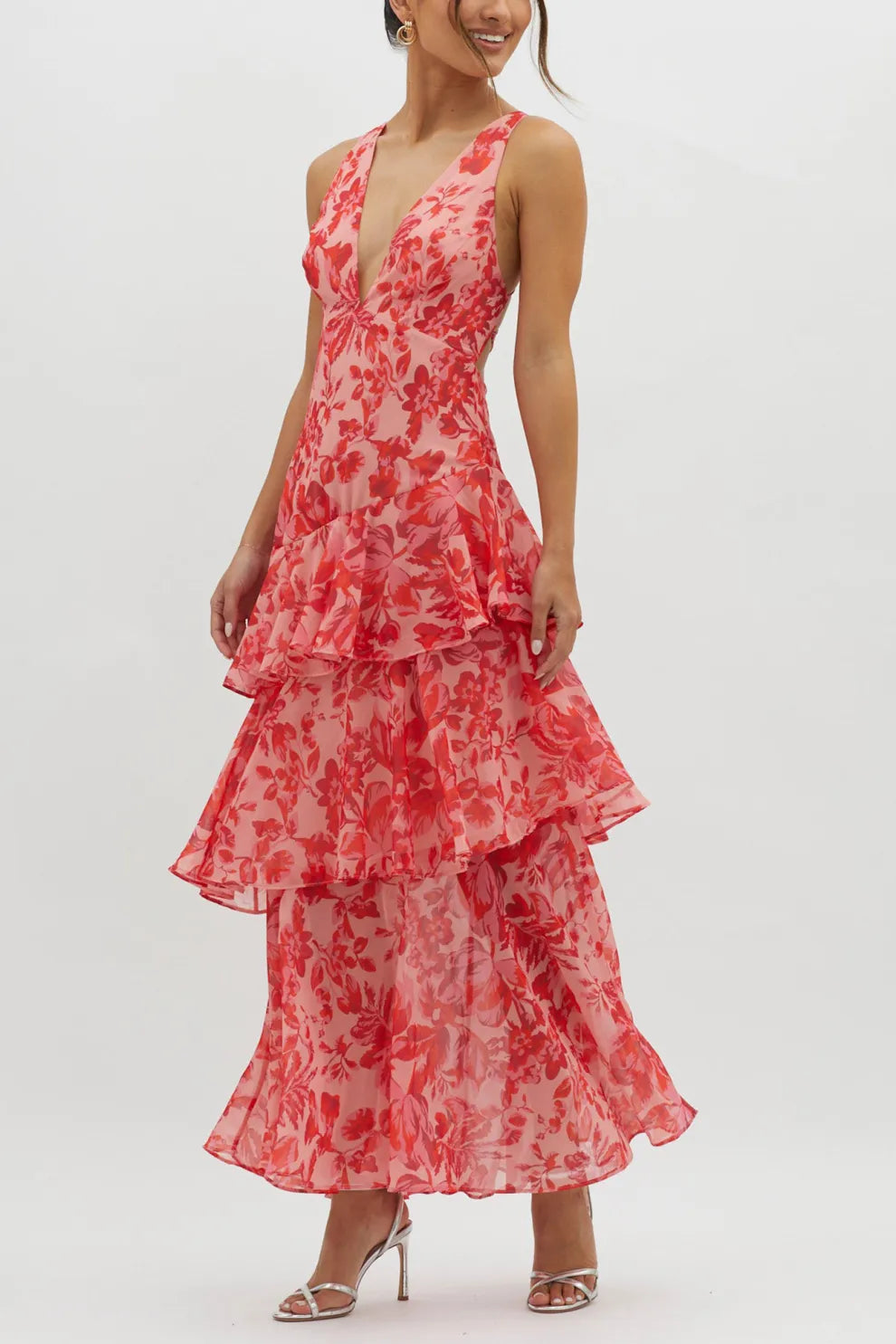 Floral Print Tie up Back Chiffon Tiered Dress