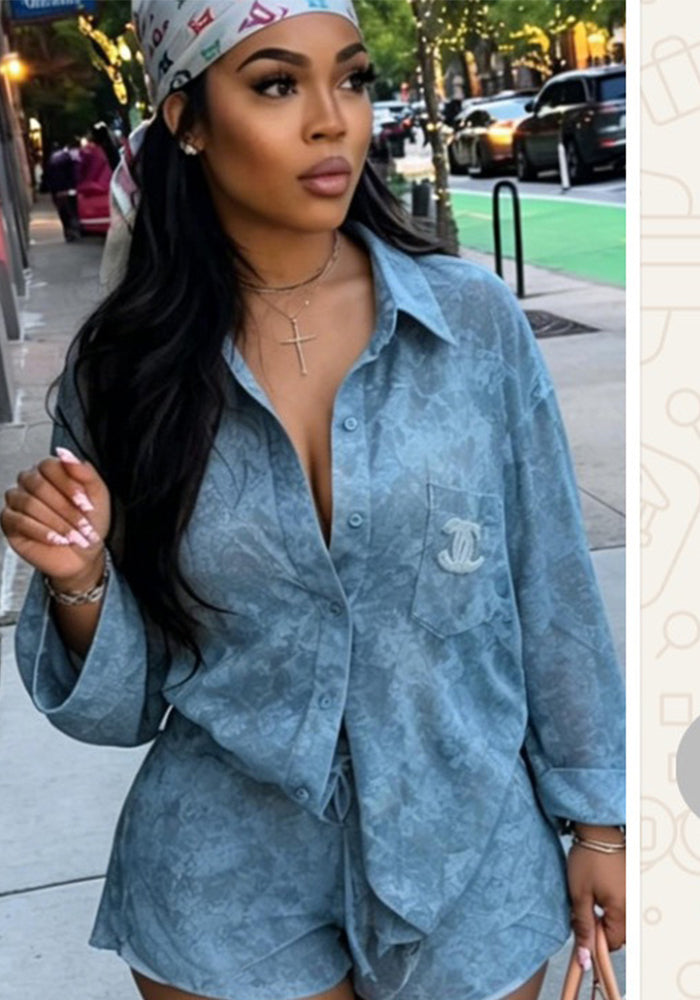 Plus Size Printed Chiffon Long Sleeve Shirt & Shorts Two-Piece Set for Summer